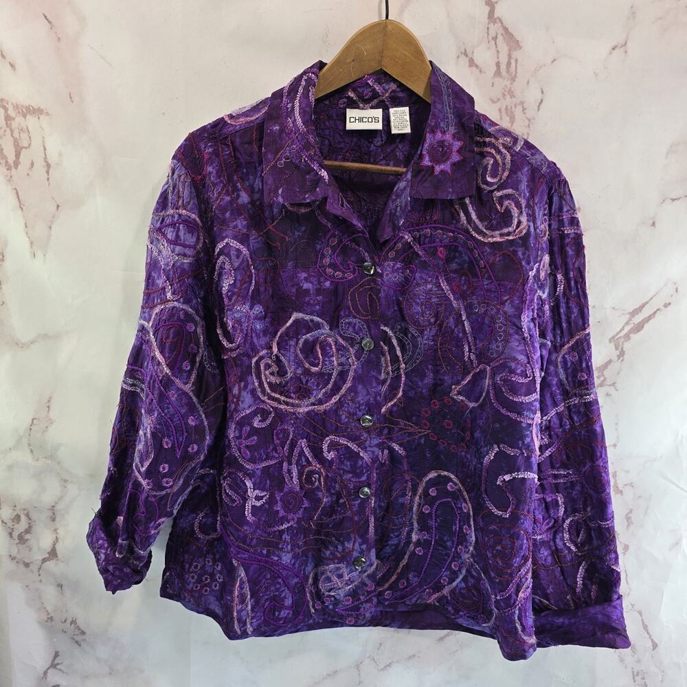 Chicos Shirt Women 1 Medium Purple Button Up Silk Blouse Textured